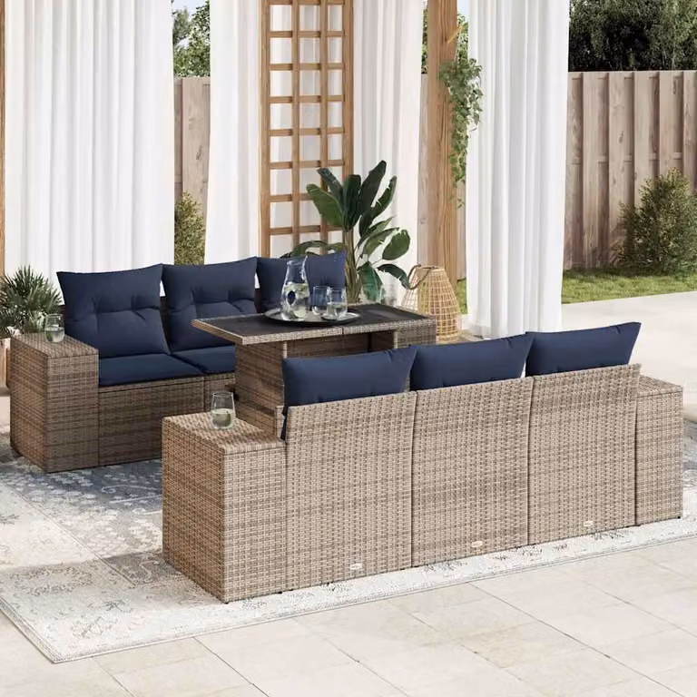 Set da giardino vidaXL composto da 7 pezzi con cuscini in polyrattan e struttura in metallo, colore grigio e blu, design moderno a forma di U con tavolino da esterno incluso