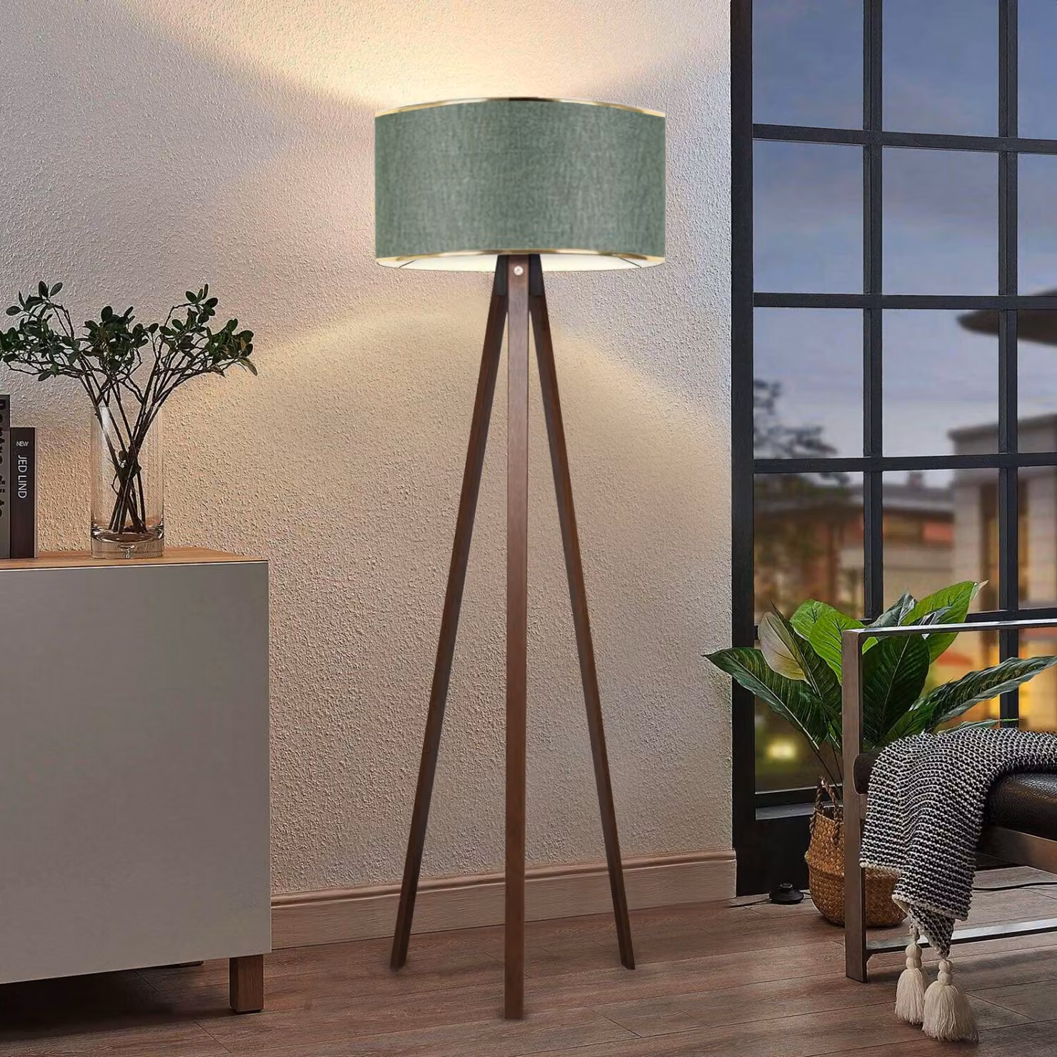 Opviq, lampada da terra di alta qualità realizzata al 100% in legno, color kaki, altezza 140 cm | Paralume in tessuto (21 x 38 cm), attacco E27, max. 40 W | Design scandinavo per interni moderni.