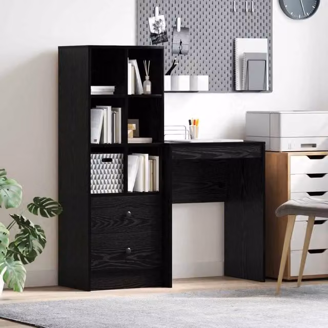 Set di 2 Scrivanie con Scaffale vidaXL in Rovere Nero e Marrone, Design Moderno per Home Office, L: 105,5 cm, P: 34 cm, H: 127 cm