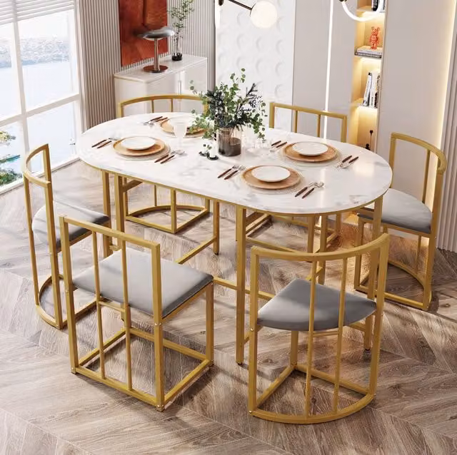 Set tavolo e sedie 140x80x76 cm MDF bianco, 6 posti, struttura in metallo dorato