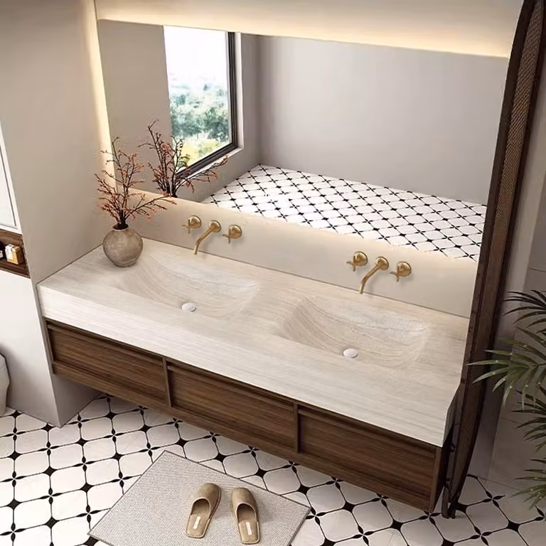 Lavabo in pietra sinterizzata Lavabo doppio Lavello con due vasche Set lavabo con specchio LED e armadietto【RW3318-130 BKK】