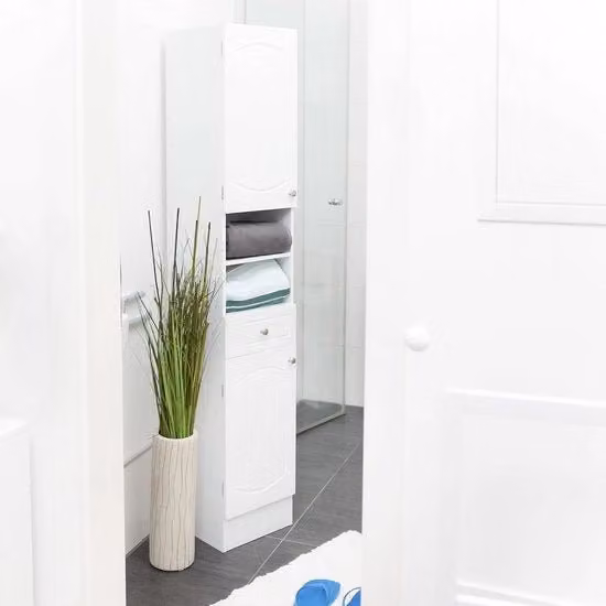 Cassettone da bagno alto a 2 ante con lato aperto e pannelli in legno bianco - HBD 1735 x 305 x 32 cm cassettone da bagno alto