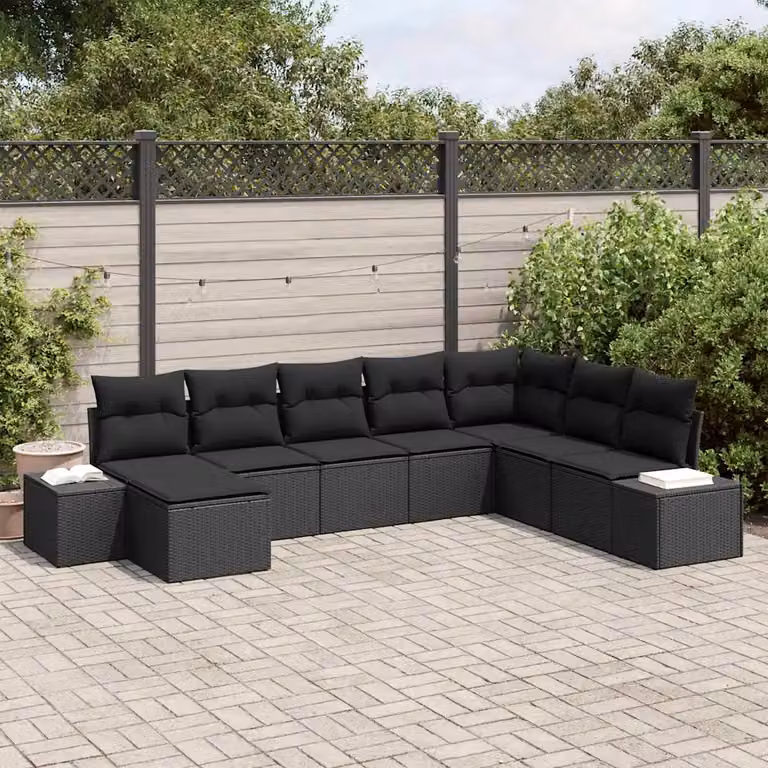 Set Divano da Giardino vidaXL a L in Polyrattan Nero con Cuscini e Ottoman 8 Pezzi