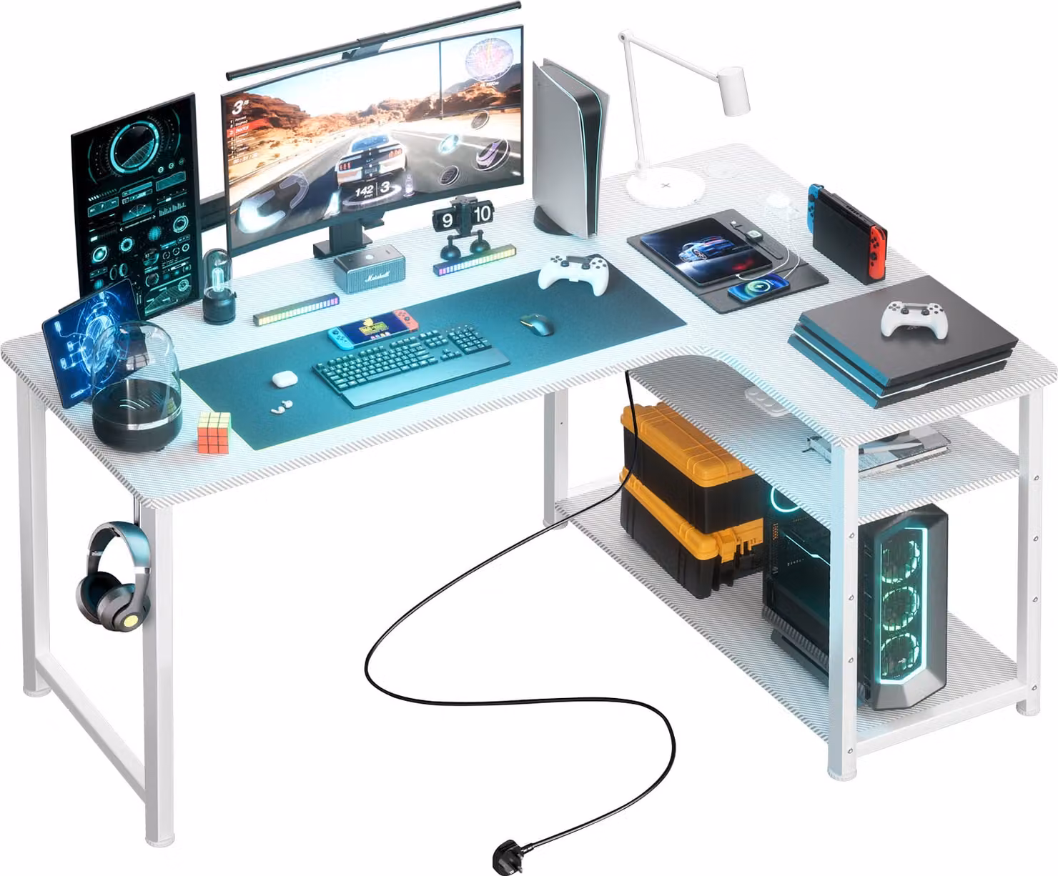 COMHOMA tavolo da gioco con ripiano, scrivania ad angolo con porta di ricarica USB e presa di corrente, scrivania per computer da 120 cm a forma di L, tavolo per PC per ufficio, ufficio domestico