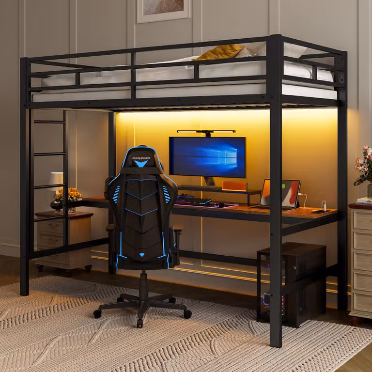 Letto a soppalco 90 x 200 cm con scrivania, striscia LED controllabile tramite app, presa di corrente, porte USB e di tipo C, ringhiera e scaletta, struttura in metallo/MDF, colore nero