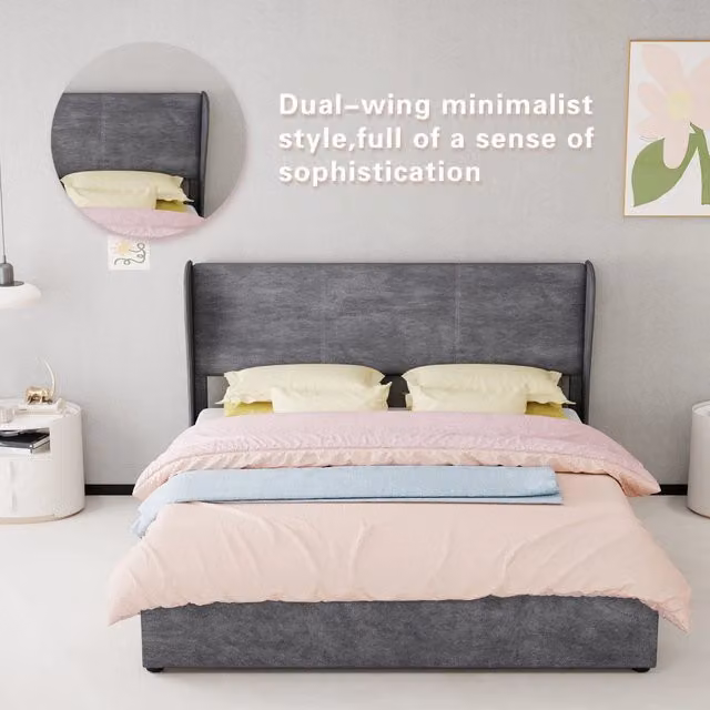 Letto matrimoniale 160 × 200 cm con testiera imbottita, senza materasso, in tessuto e metallo, grigio