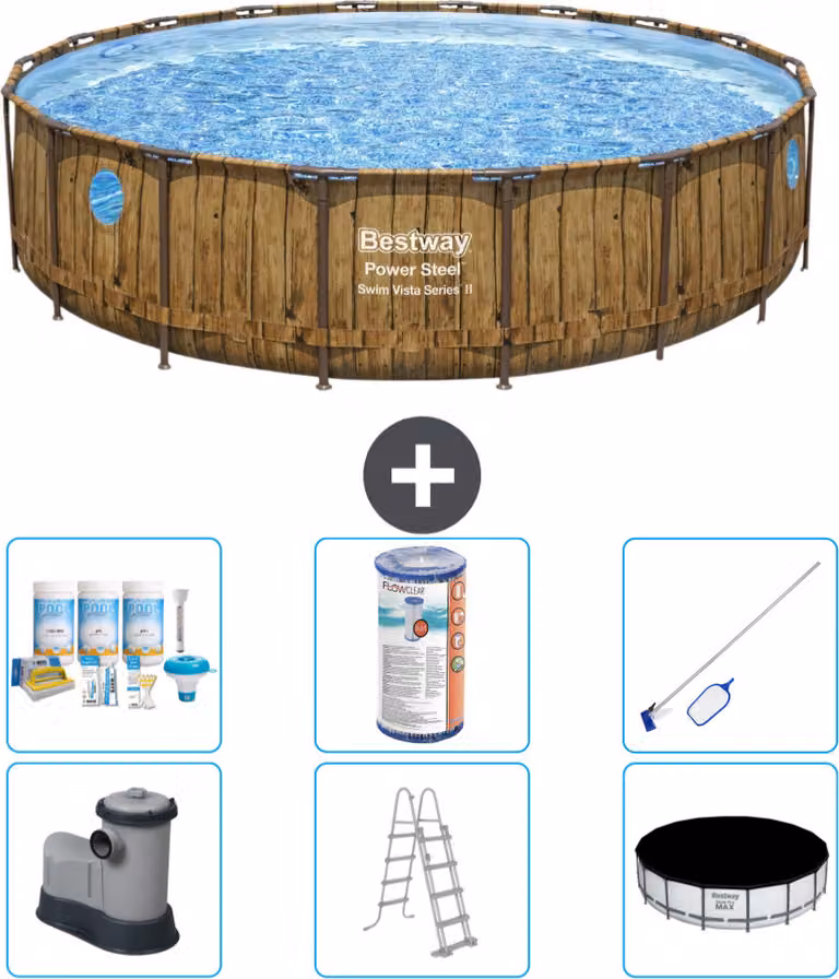 Piscina Bestway Round Power Steel Swim Vista - stampa su legno - 549 x 122 - inclusa pompa - scaletta - copertura pacchetto manutenzione - filtro - kit pulizia