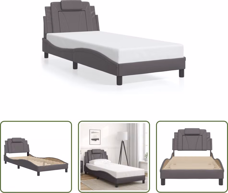 The Living Store Giroletto con testiera grigio 90x190 cm in ecopelle