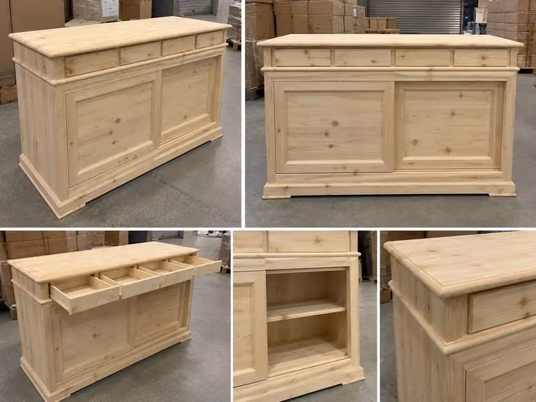 Credenza Mobili 2G in legno di pino grezzo con 2 porte scorrevoli e 4 cassetti L: 180 cm, P: 48 cm, H: 100 cm