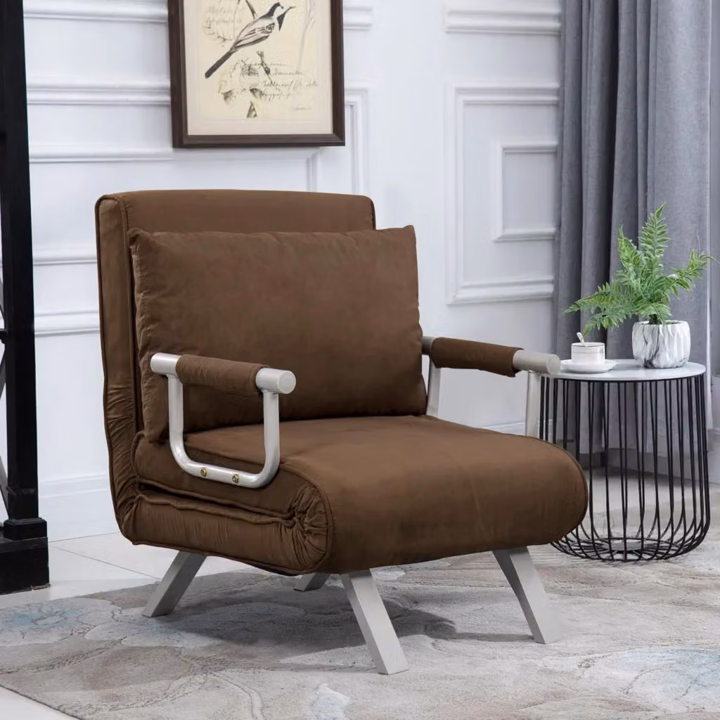 Poltrona Letto Singolo Reclinabile Giordanoshop in Velluto Marrone con Braccioli e Struttura in Metallo L: 65 cm, P: 69 cm, H: 80 cm – 2