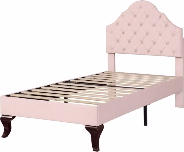 Letto singolo imbottito 90x200 cm con testiera regolabile in velluto rosa e rete a doghe in legno