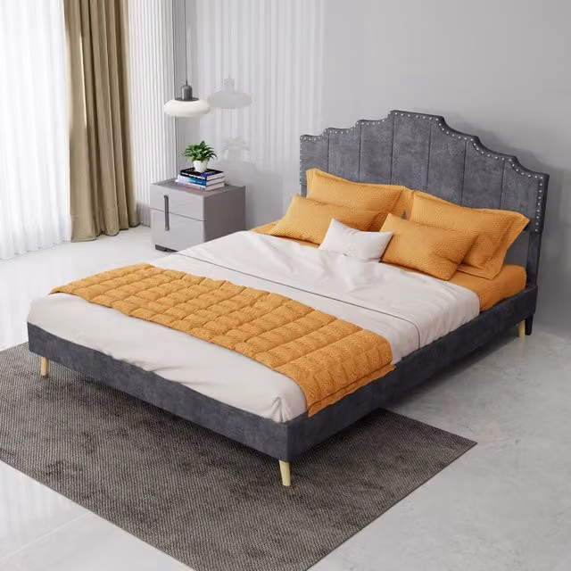 Letto moderno KOMHTOM in tessuto e metallo grigio L/P/H: 140 x 200 cm