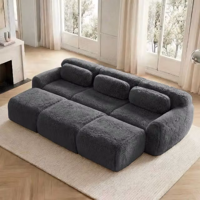 Divano modulare a 3 posti con 3 pouf collegabili seduta ampia morbida base antiscivolo in tessuto felpato grigio