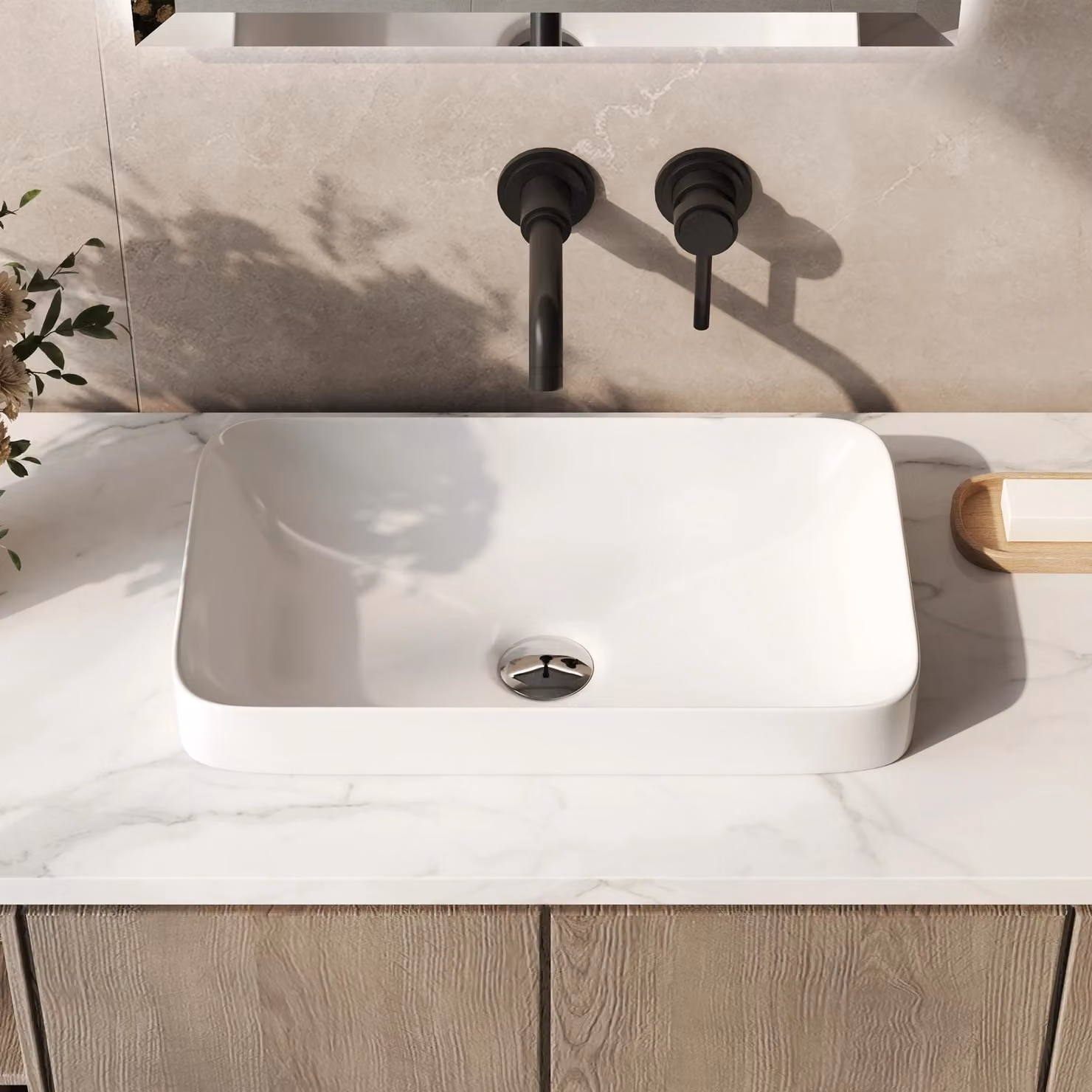 Lavabo - DV-1V0047 - Lavabo da appoggio - Vetroceramica - 49 x 30 cm - Rettangolare - Senza foro per rubinetto - 9 litri