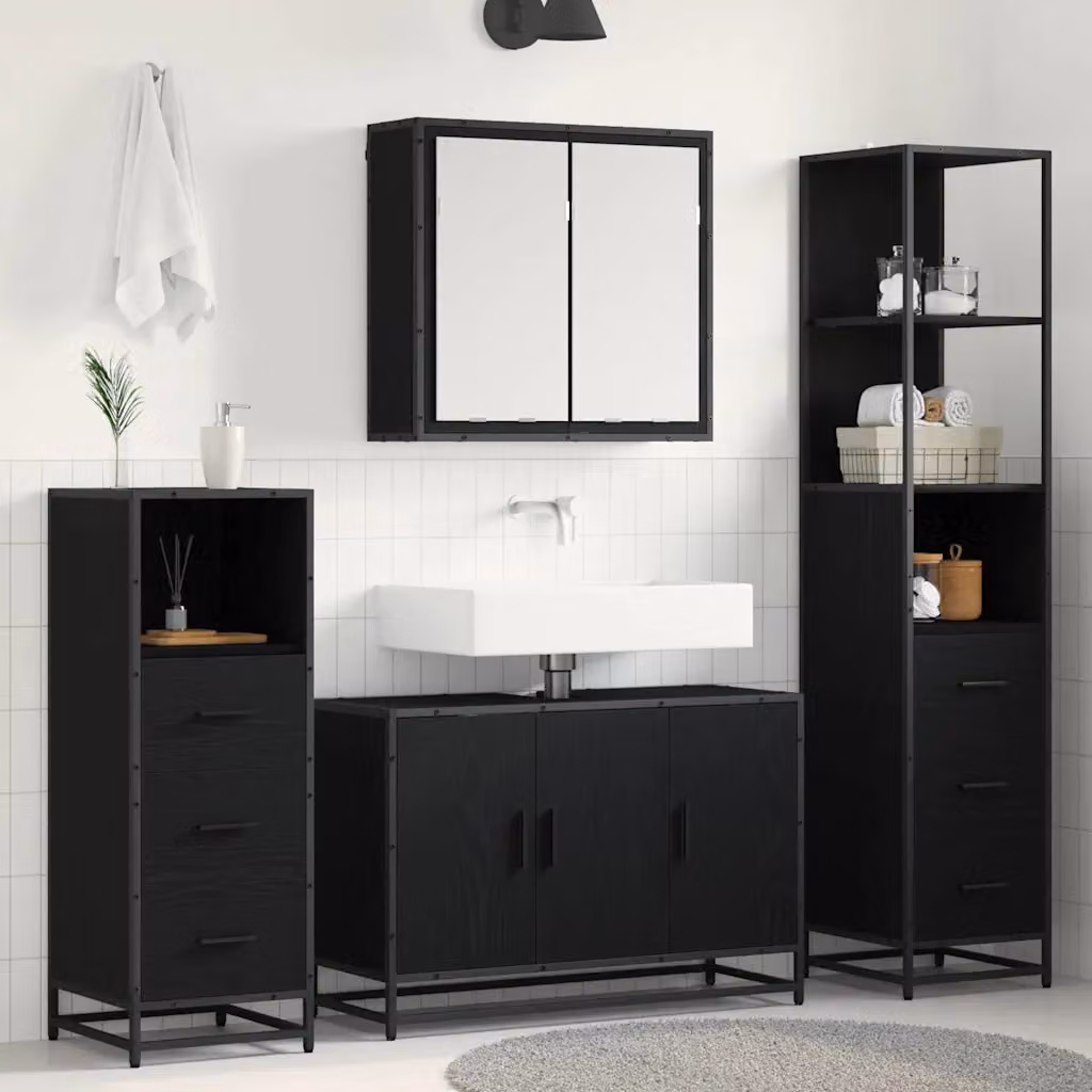 Set di mobili per il bagno moderno vidaXL in legno e metallo nero, composto da armadietto con specchio, mobile lavabo, mobile laterale e colonna alta, L/P/H: 90 x 33 x 166 cm – 1
