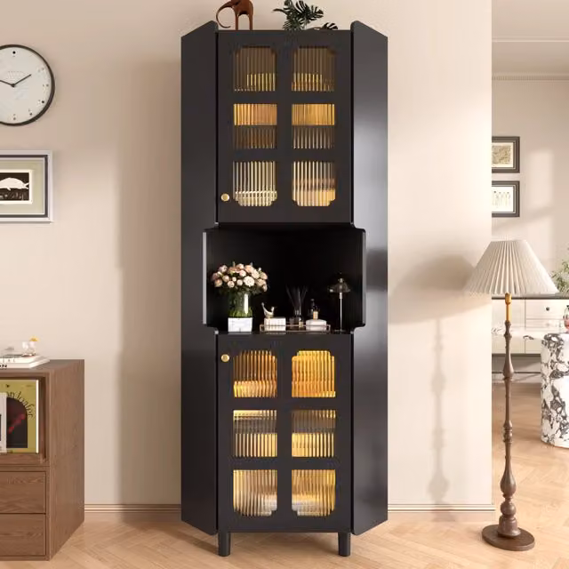 Armadio angolare moderno REDOM in MDF nero con ante in vetro e illuminazione LED integrata L: 63,5 cm, H: 157,5 cm