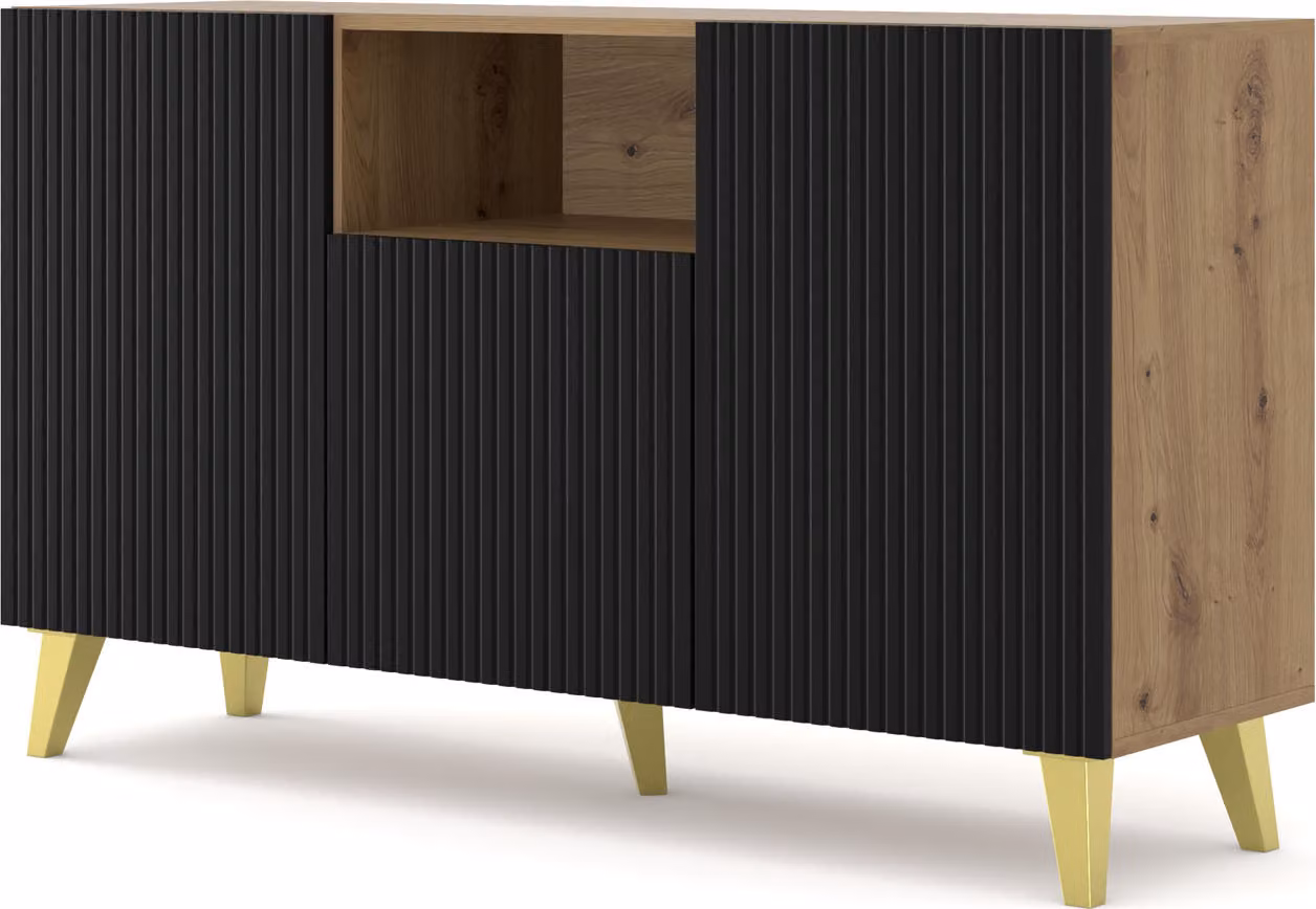 Cassettiera RAVENNA L 150 cm 2D1DM ROVERE ARTIGIANALE / NERO OPACO con piedini dorati Credenza US MDF 3 ante Mobile a ripiani aperti Buffet con frontali fresati