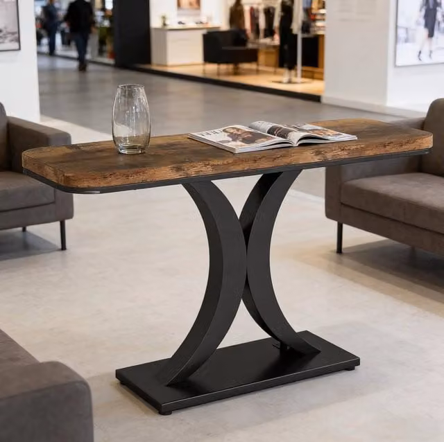 Tavolo consolle in stile industriale con piano in legno marrone e struttura metallica nera 100x29,5 cm