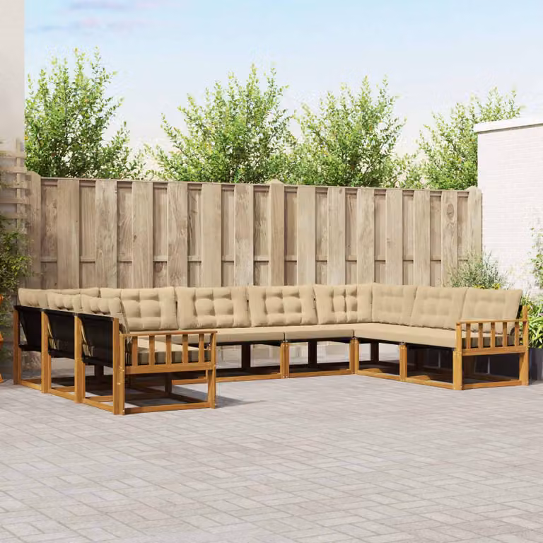 Set di divani da esterno vidaXL a forma di U composto da 9 pezzi in legno di acacia e tessuto textilene, colore naturale e beige
