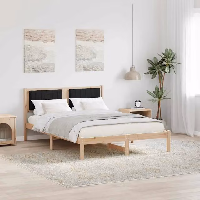Letto moderno vidaXL con testiera rivestita in tessuto nero e struttura in pino massello L 140 x P 200 cm