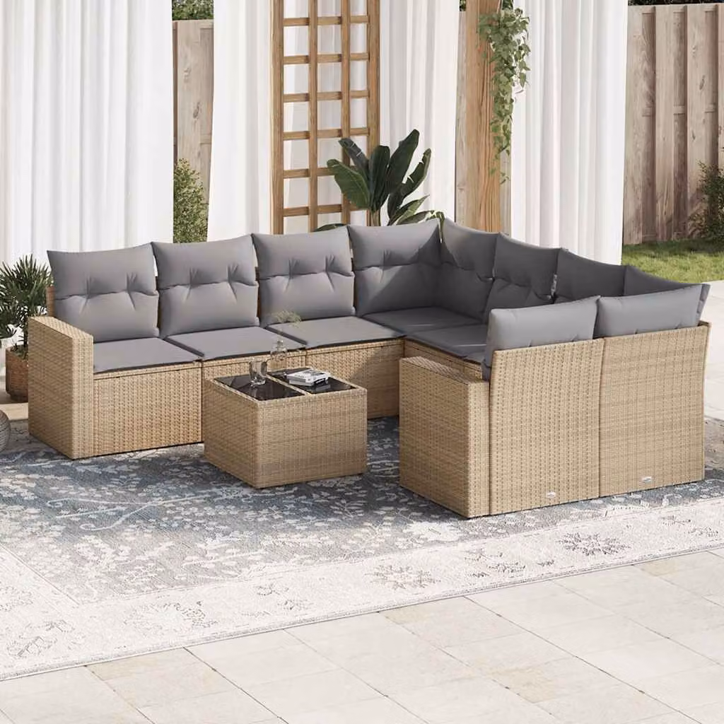 vidaXL Set Divano da Giardino a L 9 pz in Polyrattan con Cuscini Beige e Tavolino da Esterno