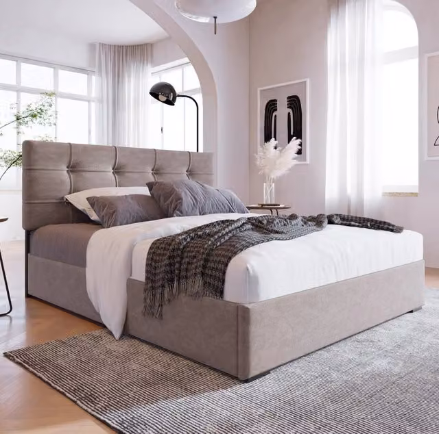 Letto imbottito 90x200 cm; testiera regolabile e contenitore; velluto; grigio chiaro (Senza materasso)
