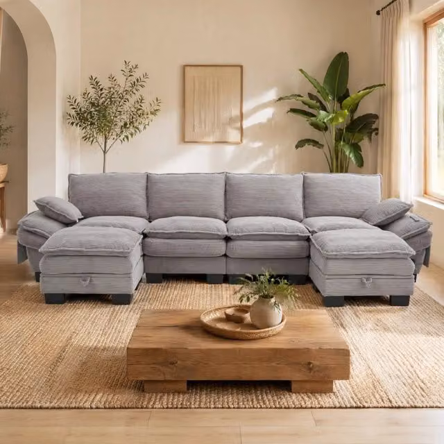 Divano modulare ULEVR 4 posti 330x132x84 cm con 2 pouf contenitore, USB-C e tasche laterali, grigio chiaro