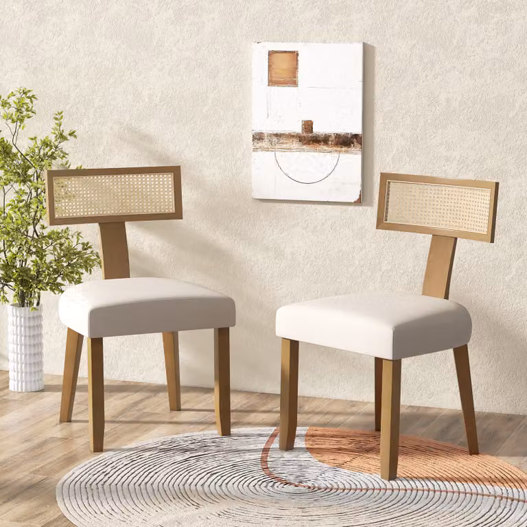 Sedia da pranzo moderna Costway con sedile imbottito in tessuto e schienale curvo in rattan e legno, ideale per soggiorno, balcone o studio, disponibile in beige, marrone o bianco
