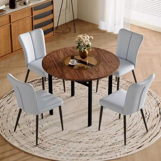 Set tavolo da pranzo rotondo MIVRAY con sedie in similpelle grigio, tavolo in MDF effetto legno con piano in vetro e struttura in metallo, stile moderno