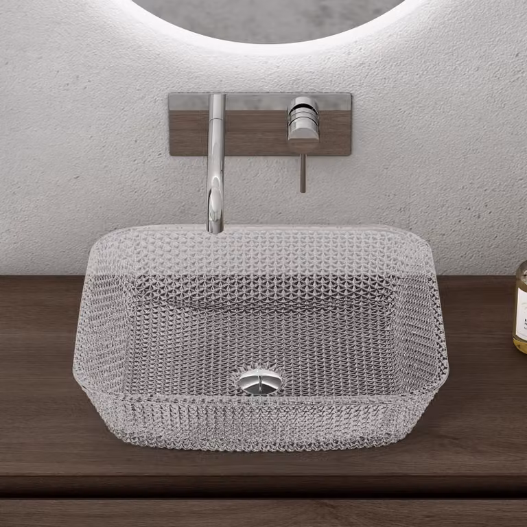 doporro Lavabo da Appoggio in Vetro Temperato Lavandino Bagno Quadrato 40 x 40 x 11 cm Trasparente Lavello Design Artistico con Texture per Cucina WC Ospiti Minerva03