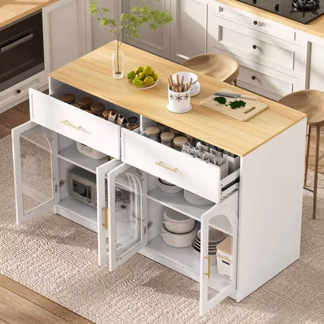 Isola da cucina LED con 2 cassetti, 2 ripiani regolabili e ante trasparenti, in MDF bianco, 135 × 55 × 91 cm