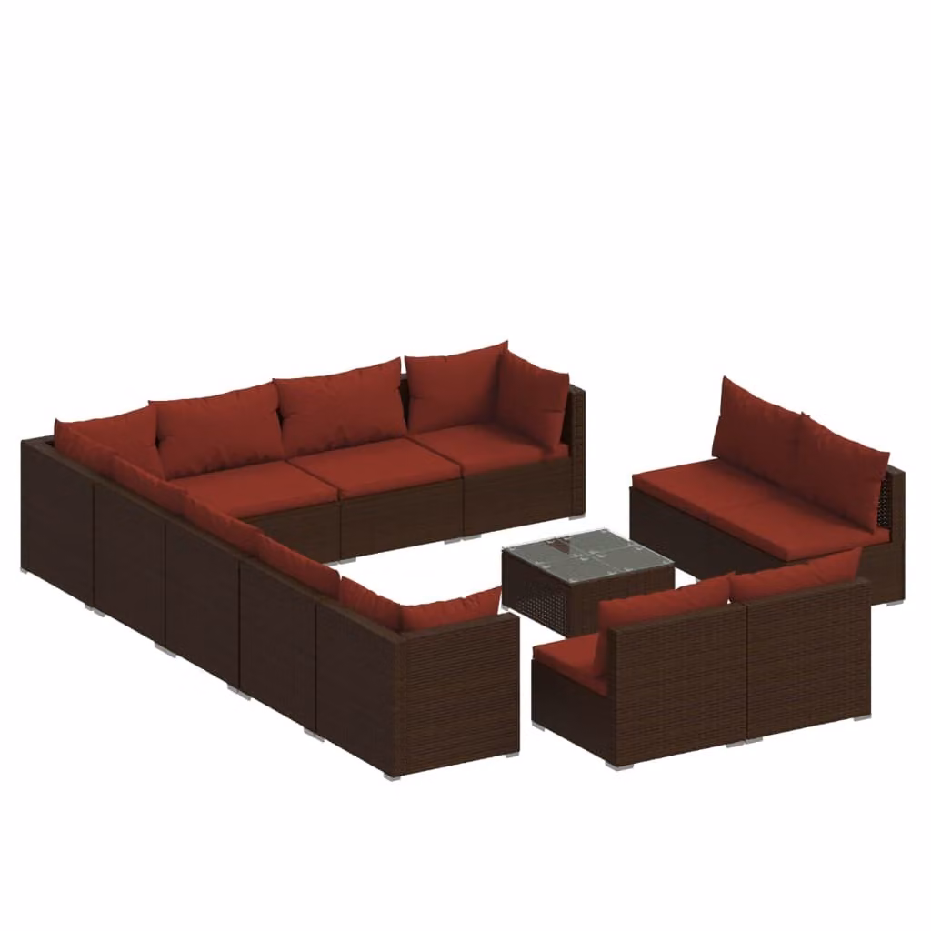 Set Divani da Giardino 13 pz con Cuscini in Polyrattan Marrone
