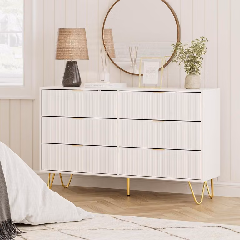 Comodino bianco con 6 cassetti, dimensioni 120x34x73 cm. Ideale per camera da letto, soggiorno o ingresso