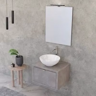 Mobile bagno sospeso INBAGNO grigio con lavabo e specchio con illuminazione LED e ante soft-close L: 60 cm – 1
