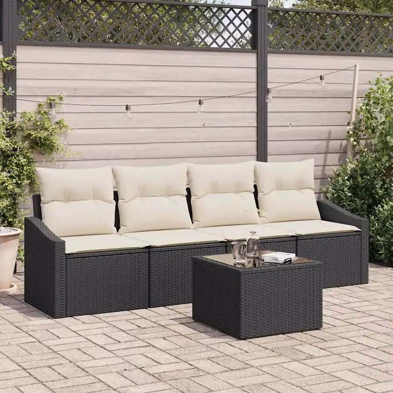 Set di divani da giardino vidaXL in polyrattan con cuscini, 5 pezzi, Nero e Beige