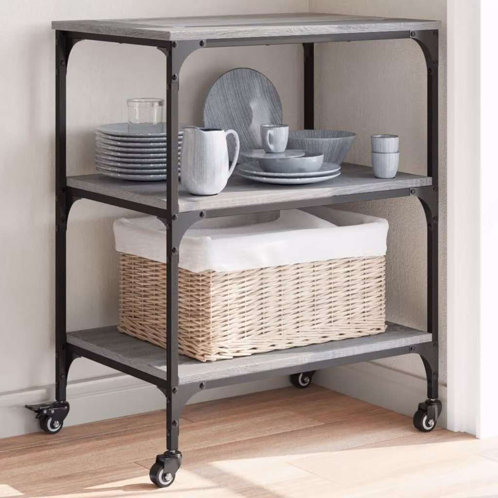 vidaXL Carrello da Cucina in Stile Industrial Grigio e Rovere con Ruote L/P/H: 60 x 41 x 76 cm