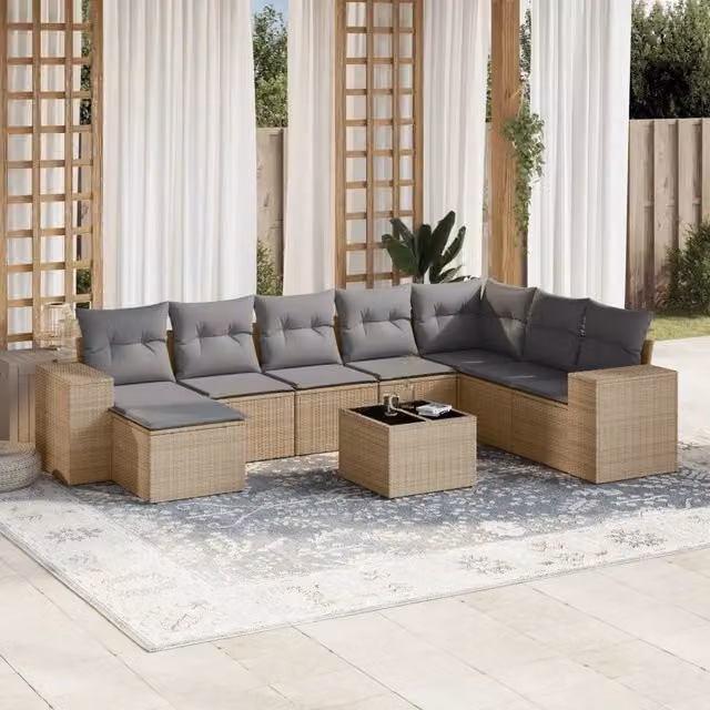 vidaXL Set Divano da Giardino a L 9 pz in Polyrattan con Cuscini Beige e Tavolino da Esterno