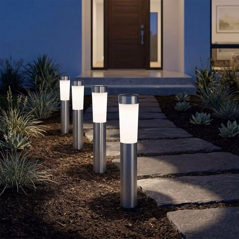 Set di 2 lampade solari a LED, in acciaio inossidabile, con picchetto da terra, altezza 56 cm