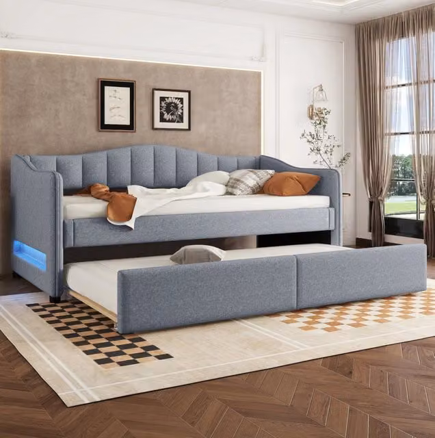 Divano letto daybed 90x200 cm con letto estraibile; LED ambientale; in lino grigio