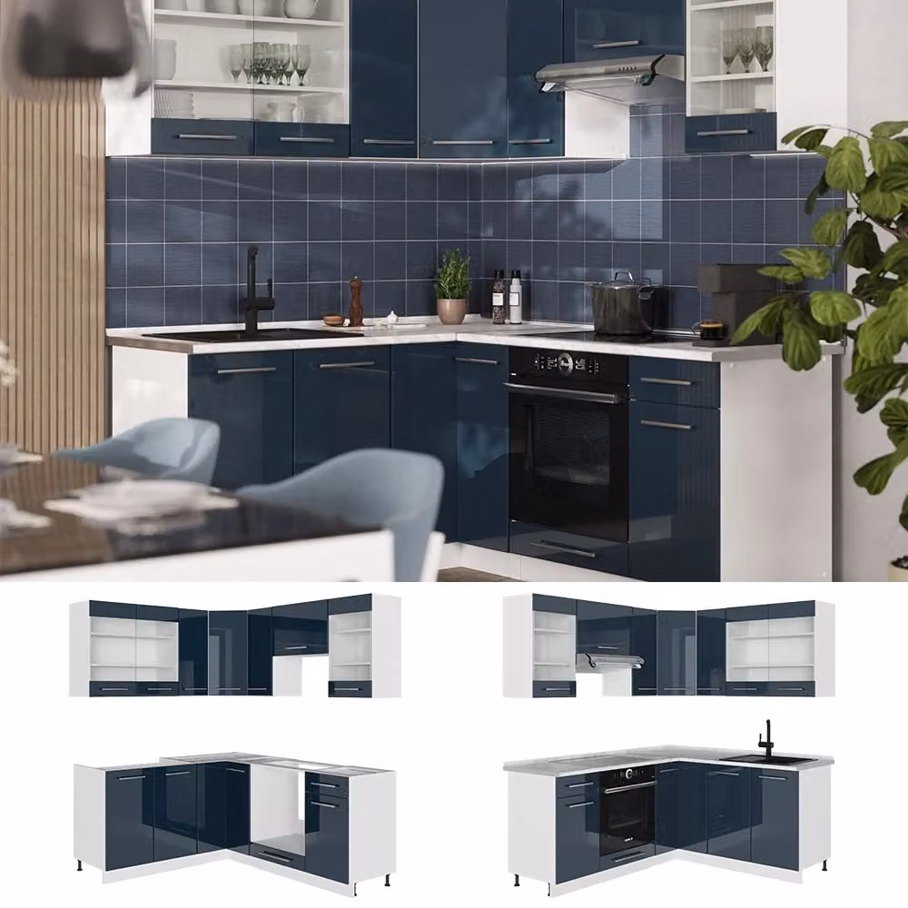 Mobili da cucina moderni Fame-Line Vicco con angolare in finitura lucida blu, bianco e grigio con dettagli in rovere e ante con chiusura soft-close L/P/H: 190 x 160 x 60 cm – 2