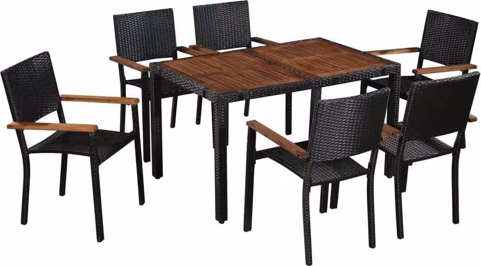 The Living Store Set da pranzo da giardino 7 pezzi in poly rattan acacia legno massello nero