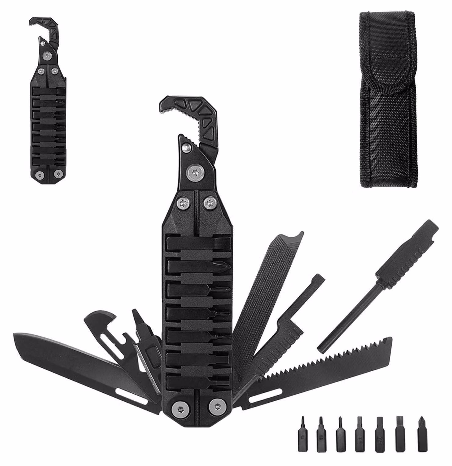 Omgoods - Multitool 10-in-1 - Pieghevole - Apribottiglie/Apribarattoli - Sega/Coltello - Cacciavite/Lima - Acciarino/Fischietto - Leggero, 228,8 g - Multitool