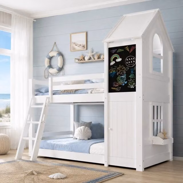 Letto a castello per bambini 90x200 cm con porta; lavagna; finestre e tetto bianco