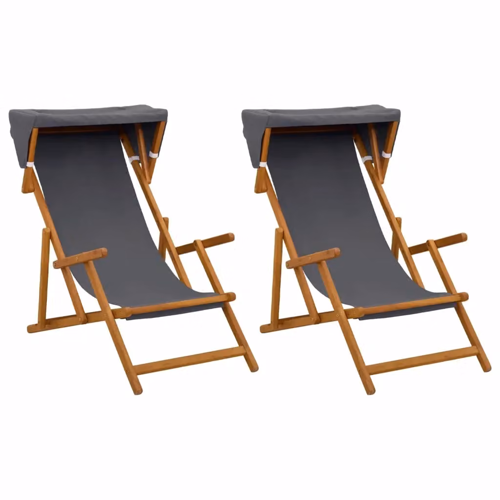Set di 2 lettini prendisole vidaXL in legno di eucalipto massello oliato con tessuto grigio resistente ai raggi UV per giardino e terrazzo – 2