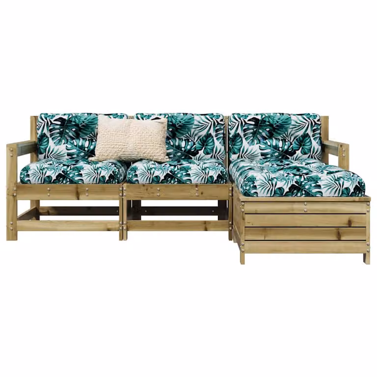 Set di divani da giardino vidaXL in legno di pino con cuscini a fantasia floreale, composto da 4 pezzi in stile rustico, colori marrone e verde
