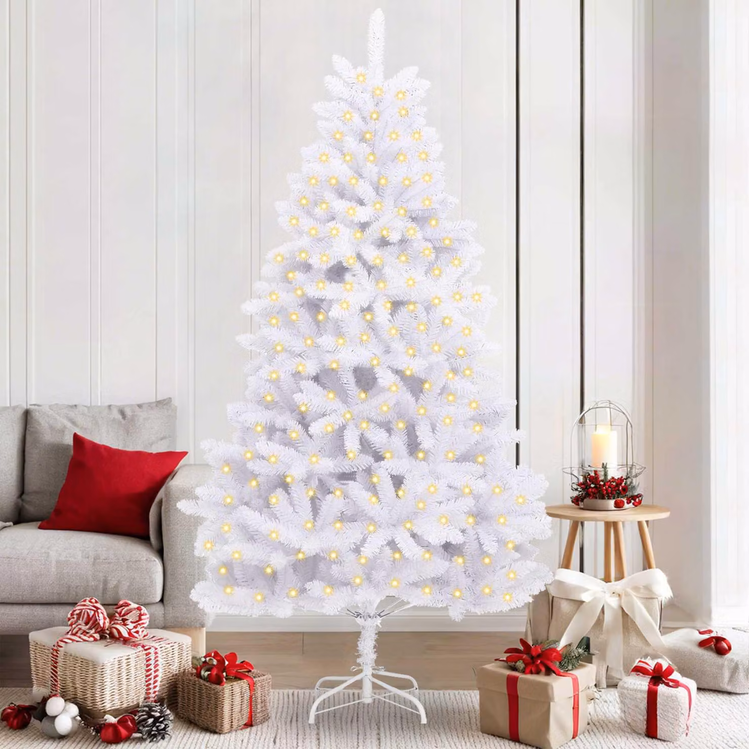 Maison Exclusive - Albero di Natale artificiale con 300 luci LED, realizzato in PVC e acciaio, colore bianco
