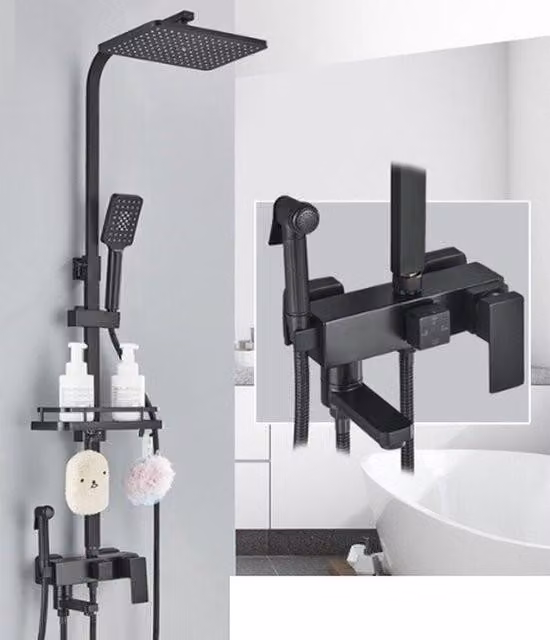 Sistema doccia completo - Set doccia in ABS - 4 funzioni - Soffione e doccetta - Doccia a pioggia quadrata - Doccia a pioggia regolabile - Nero opaco
