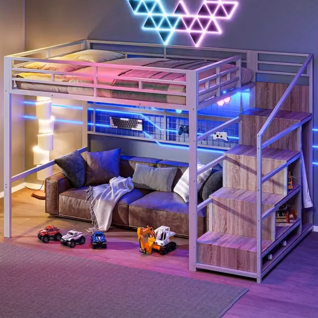 Letto a soppalco 140 × 200 cm 2 posti con armadio, scala contenitore e LED a 7 colori, senza materasso, bianco
