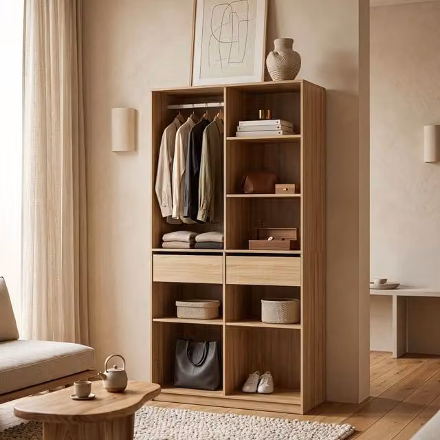 Armadio Aperto Vippsaki Guradaroba con Barra Appendiabiti 7 Scomparti e 2 Cassetti 200 x 100 x 50 cm - Effetto Rovere [en.casa]