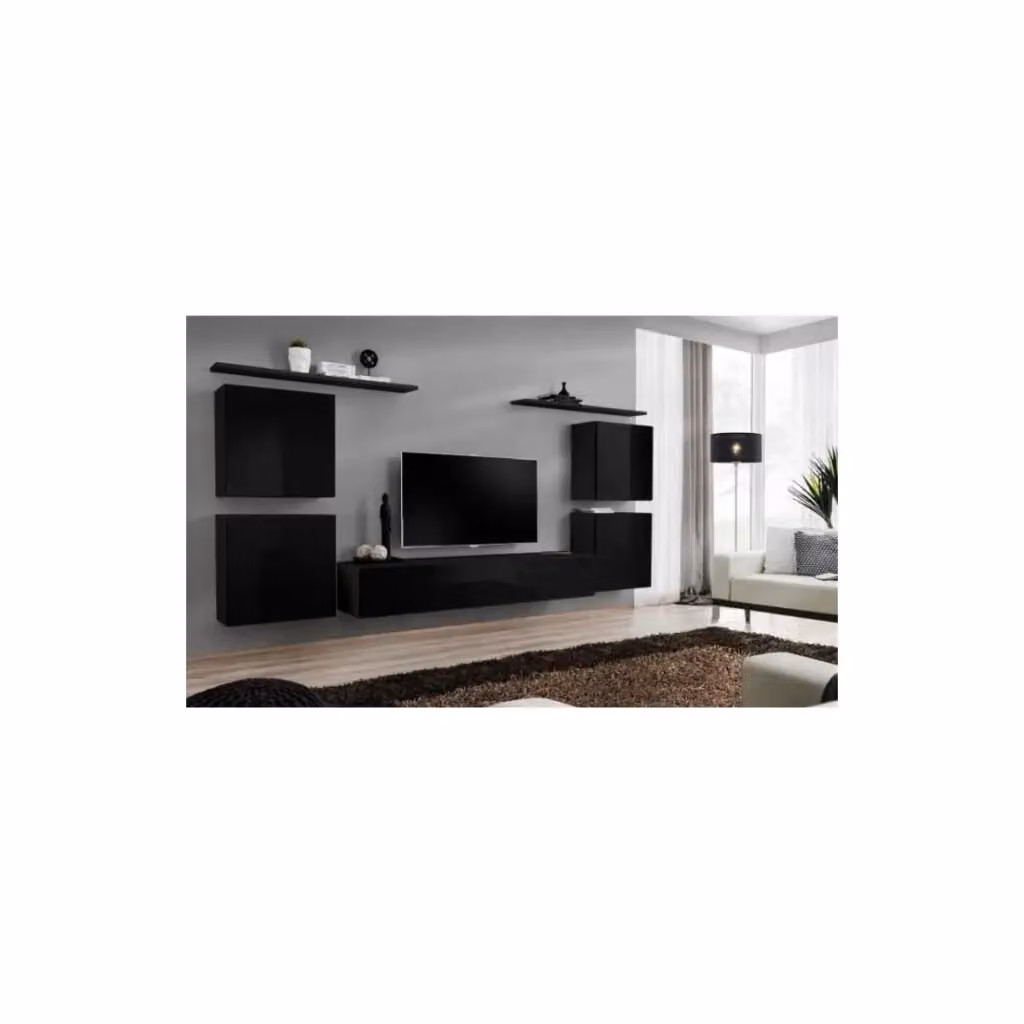 Composizione murale SWITCH IV Meublorama Nero lucido con mobile TV e scaffali per soggiorno – 2